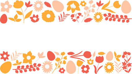 Spring border with flowers and Easter eggs. Vector illustration.