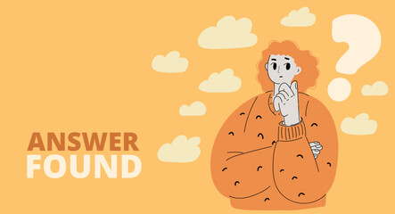 Cartoon vector illustration of a woman with a question mark next to her, symbolizing inquiry, curiosity, and the quest for understanding