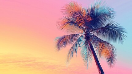 Vibrant sunset with a palm tree silhouette against a colorful sky, evoking tranquility