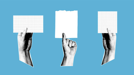 Three hands cut out of paper in dots hold empty sheets of paper. Retro collage style vector illustration