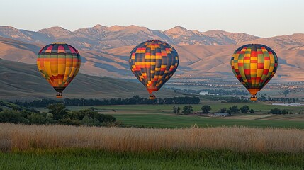 Obraz premium Hot air balloons fly over valley at sunrise