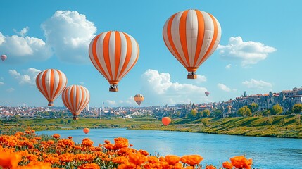 Fototapeta premium Hot air balloons soar over river, orange flowers, cityscape. Travel, tourism, adventure