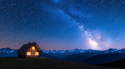 Stargazing night mountain house scenic serene landscape wide angle dreamy atmosphere