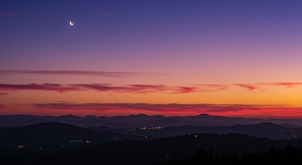 Naklejka premium Crescent Moon at Twilight Over Scenic Landscape – Ramadan Background