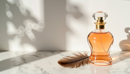 Fototapeta premium Artistic glass perfume bottle with feather on marble countertop, elegance