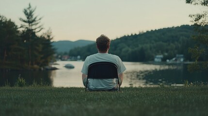 Fototapeta premium Man sits outdoors by lake at sunset