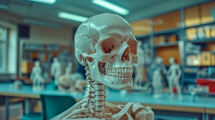 A realistic human skeleton model stands in a classroom setting. This image captures the intricate details of human anatomy. Perfect for educational purposes. Generative AI
