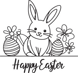 Minimalist Easter Bunny Line Drawing with Eggs - Happy Easte