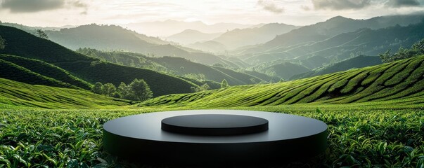 Black Product Stand On Green Tea Plantation In Mountains,product display ,mockup