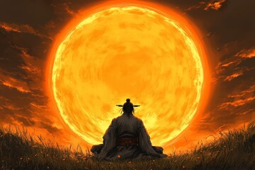 monk meditating before a giant fiery sun.