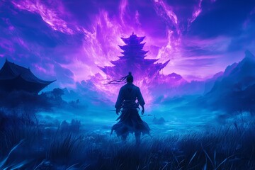 Fototapeta premium Samurai silhouette against a vibrant purple and blue fantasy landscape with a majestic pagoda in the background