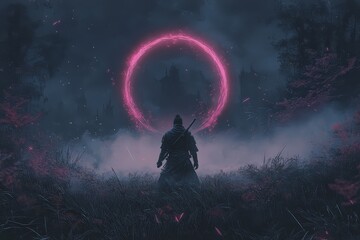 samurai warrior standing before a glowing pink circle in a dark forest.