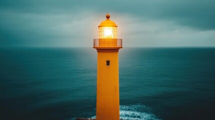 Illuminated Lighthouse Stands Tall Against Dark Ocean