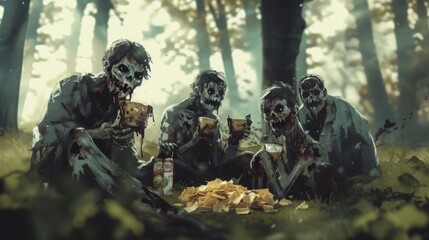 A chilling AI-generated scene of zombies gathered in a forest, sharing food in a surreal, eerie atmosphere. Perfect for horror-themed concepts. AI generated.