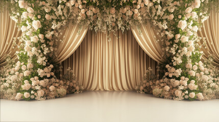 Luxurious golden wedding stage with cascading ivory roses and elegant drapery for grand ceremonies and upscale events