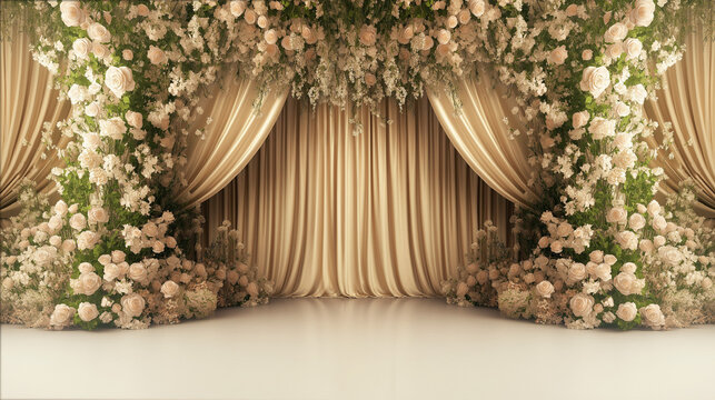 Luxurious golden wedding stage with cascading ivory roses and elegant drapery for grand ceremonies and upscale events