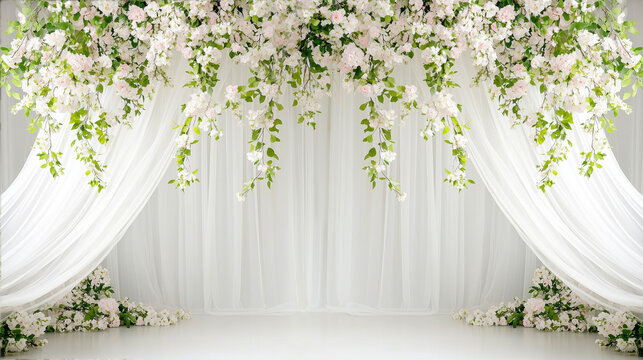 Enchanting floral wedding backdrop with cascading roses and elegant white drapery for luxury ceremonies and sophisticated events