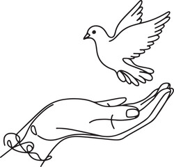 Obraz premium Line Art of Hand Offering Peace with Dove – Vector Illustration