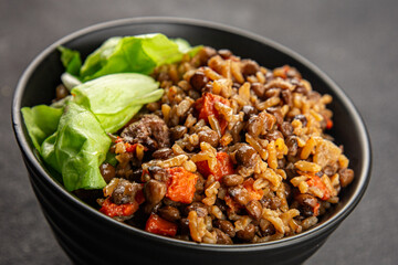 Rice lentil and vegetables snack fresh tasty food dish vegetarian vegan food no meat gourmet food background on the table rustic food top view copy space 