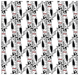 A repeating pattern of whimsical black and white dogs with red collars, illustrated in a playful, cartoonish style.