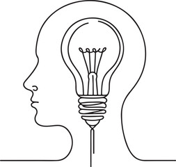Innovative Human Head with Light Bulb Inside – Line Art Illustration