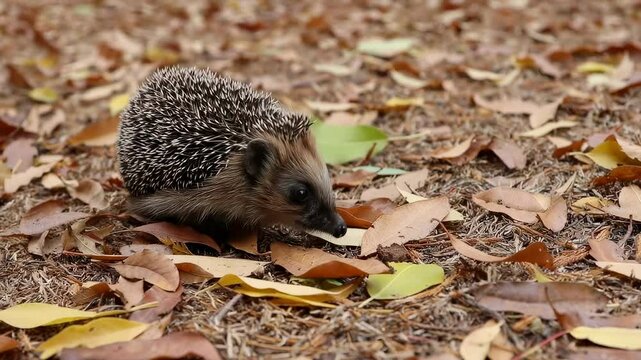 Hedgehog exploring autumn leaves on forest floor