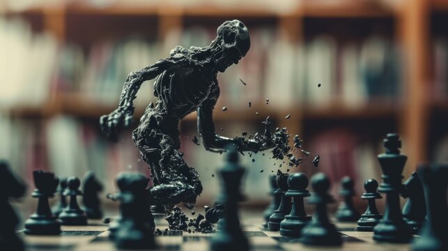 Surreal artwork of a chessboard featuring a fragmented humanoid figure in motion, symbolizing strategy and chaos, set in a blurred library environment. AI generated.