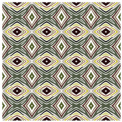 Abstract geometric print pattern diamond symmetrical shapes in earthy tones of green, brown, and yellow with bold white outlines