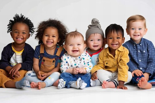 Multicultural Unity: Diverse and joyful babies and toddlers of different ethnicities laughing and sitting together on a clear background.