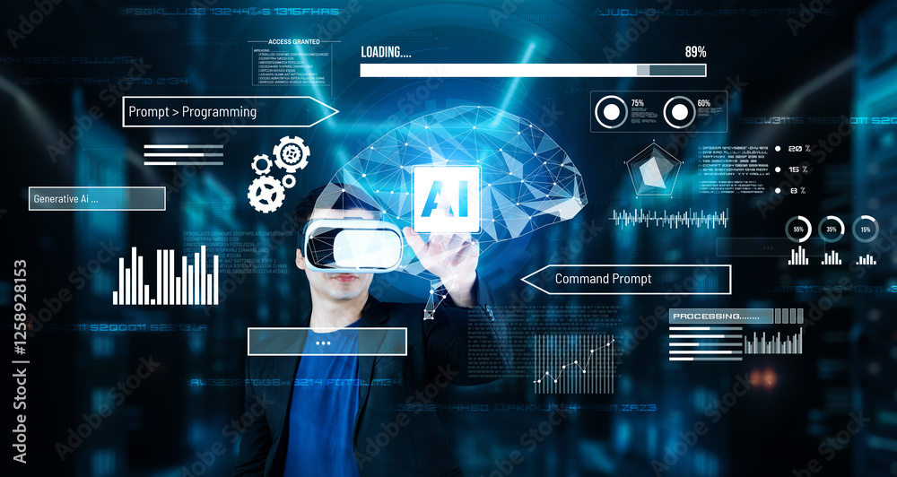 Poster businessman with headset standing at data center while using ai assistance. project manager pointing