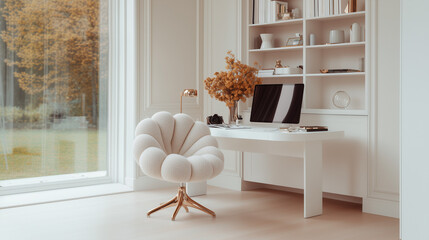 Bureau design blanc avec ordinateur, appareil photo et fauteuil fleur blanc et or, ambiance minimaliste