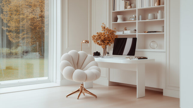 Bureau design blanc avec ordinateur, appareil photo et fauteuil fleur blanc et or, ambiance minimaliste