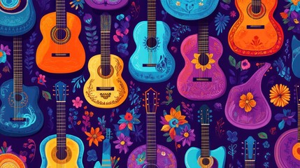 Vibrant Colorful Guitars Floral Pattern Festive Design