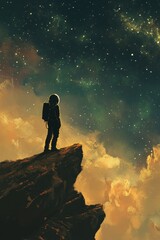 Fototapeta premium Astronaut gazes at stars on rocky outcrop