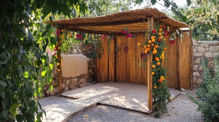Naklejka premium Rustic outdoor sukkah decorated with flowers and foliage.