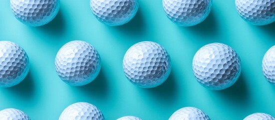 Close-up of white golf balls arranged in a pattern on a vibrant turquoise background