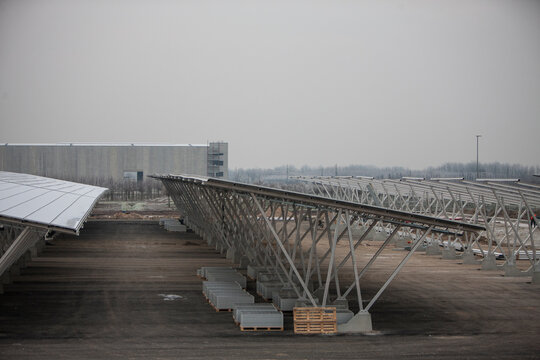 Building site of solar car park in winter. Italy