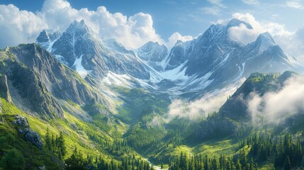 Fototapeta premium Snow-Capped Mountain Peaks Over Lush Green Valley