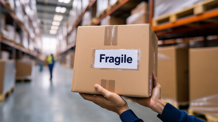 Hands Holding Cardboard Box in Warehouse Environment