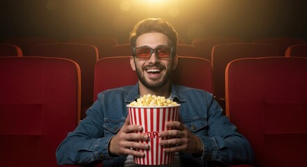 A young man with a happy expression sits in a plush red movie theater chair wearing 3D glasses and holding a large striped popcorn bucket