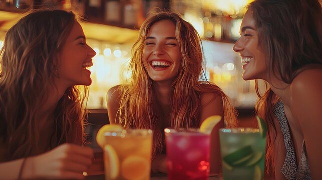 Group of friends enjoying laughter and drinks at a cozy bar in the evening. Generative AI.
