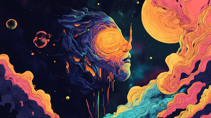 Sentient alien planet with anthropomorphized atmospheric storms and vibrant sci fi aesthetics. Sentient Storms. Illustration