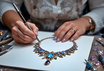 Jewelry designer sketching a unique necklace with gemstones - 02