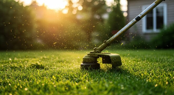A close-up of a powerful grass trimmer in action cutting through thick green grass