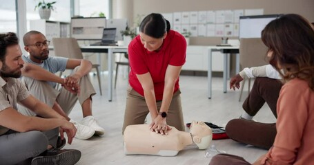 Workplace, first aid and training people in cpr, explain procedure and learn to resuscitate on dummy. Office, floor workshop and instructor speaking to group, medical support and paramedic coaching - Powered by Adobe