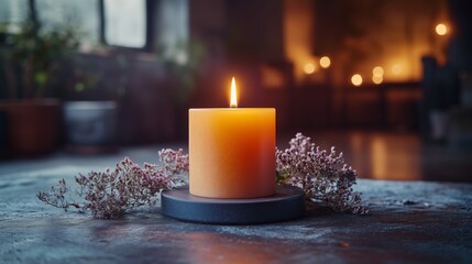 Warm candlelight on a table surrounded by flowers in an intimate setting at dusk