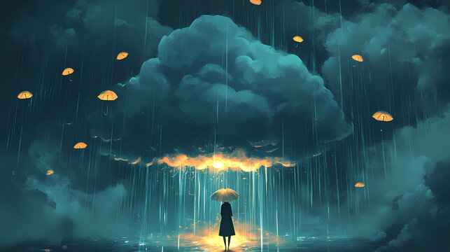 Sentient storm cloud raining brilliant glowing ideas followed by whimsical umbrellas archiving flowing thoughts. Sentient Storms. Illustration