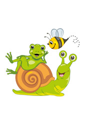 Happy bee, green frog and snail are best friends