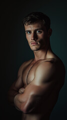 Naklejka premium Durchtrainierter Mann in sportlicher Pose vor dunklem Hintergrund