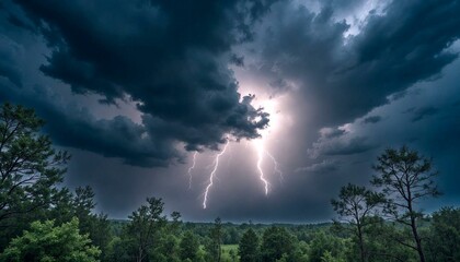 Stormy Sky with Lightning Over Forest at Night